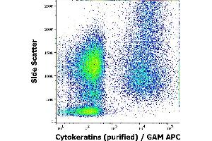 Flow cytometry intracellular staining pattern of human peripheral whole blood spiked with MCF-7 cells stained using anti-Cytokeratins (C-11) purified antibody (concentration in sample 3 μg/mL, GAM APC).