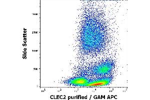 Flow cytometry surface staining pattern of human peripheral whole blood stained using anti-human CLEC2 (AYP1) purified antibody (concentration in sample 1,7 μg/mL, GAM APC). (C-Type Lectin Domain Family 1, Member B (CLEC1B) (AA 68-229), (Extracellular Domain) 抗体)