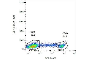 Flow cytometry analysis (surface staining) of human peripheral blood (lymphocyte gate) using anti-human CD8 (clone MEM-31) PerCP. (CD8 抗体  (PerCP))