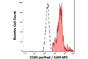 Separation of human CD56 positive lymphocytes (red-filled) from neutrophil granulocytes (black-dashed) in flow cytometry analysis (surface staining) of human peripheral whole blood stained using anti-human CD56 (LT56) purified antibody (concentration in sample 2 μg/mL, GAM APC). (CD56 抗体)