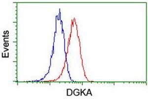 Flow cytometric Analysis of Jurkat cells, using anti-DGKA antibody (ABIN2455378), (Red), compared to a nonspecific negative control antibody, (Blue). (DGKA 抗体)