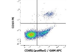 Flow cytometry multicolor surface staining of human lymphocytes stained using anti-human CD85j (GHI/75) purified antibody (concentration in sample 1 μg/mL) GAM APC and anti-human CD19 (LT19) PE antibody (20 μL reagent / 100 μL of peripheral whole blood). (LILRB1 抗体)