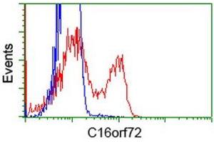 HEK293T cells transfected with either RC214935 overexpress plasmid (Red) or empty vector control plasmid (Blue) were immunostained by anti-C16orf72 antibody (ABIN2452856), and then analyzed by flow cytometry. (C16orf72 抗体)