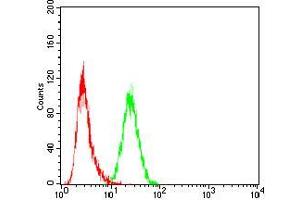 Flow cytometric analysis of Hela cells using SLINGSHOT-1L mouse mAb (green) and negative control (red).
