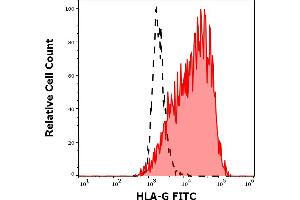 Separation of cells stained using anti-human HLA-G (87G) FITC antibody (concentration in sample 5 μg/mL, red-filled) from cells stained using mouse IgG2a isotype control (MOPC-173) FITC antibody (concentration in sample 5 μg/mL, same as HLA-G FITC concentration, black-dashed) in flow cytometry analysis (surface staining) of HLA-G transfected cells. (HLAG 抗体  (FITC))
