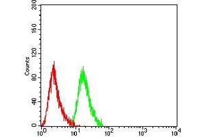 Flow cytometric analysis of THP-1 cells using CD118 mouse mAb (green) and negative control (red). (LIFR 抗体  (AA 22-441))