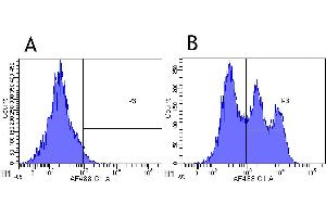 Flow-cytometry using anti-CD52 antibody Campath-1H   Cynomolgus monkey lymphocytes were stained with an isotype control (panel A) or the rabbit-chimeric version of Campath-1H (-23. (Recombinant CD52 抗体)