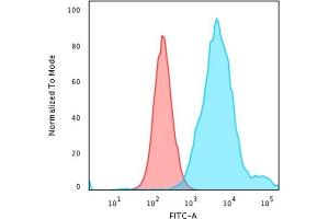 Flow Cytometric Analysis of PFA-fixed HeLa cells using Cytokeratin 18 Rabbit Recombinant MAb(KRT18/2819R) followed by Goat anti-rabbit IgG-CF488 (Blue); Isotype Control (Red). (Recombinant Cytokeratin 18 抗体)