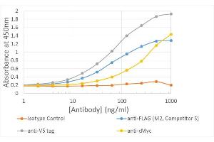 ELISA of anti-epitope tag antibodies on multi-tag protein Plate coated with 5ug/ml of Multitag protein. (Recombinant Myc Tag 抗体  (AA 408-439))