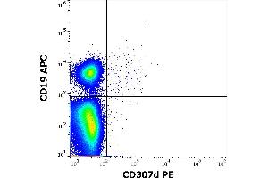 Flow cytometry multicolor surface staining of human lymphocytes stained using anti-human CD307d (A1) PE antibody (10 μL reagent / 100 μL of peripheral whole blood) and anti-human CD19 (LT19) APC antibody (4 μL reagent / 100 μL of peripheral whole blood). (FCRL4 抗体  (PE))