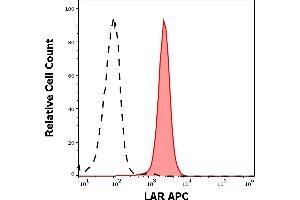 Separation of HeLa cells stained using anti-human LAR (W7C6) APC antibody (concentration in sample 1,7 μg/mL, red-filled) from HeLa cells stained using mouse IgG1 isotype control (MOPC-21) APC antibody (concentration in sample 1,7 μg/mL, same as LAR APC concentration, black-dashed) in flow cytometry analysis (surface staining) of HeLa cell suspension. (PTPRF 抗体  (APC))