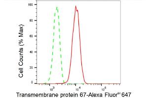Flow cytometric analysis of Transmembrane protein 67 expression in HepG2 cells using Transmembrane protein 67 antibody (ABIN7800623), 1:2,000). (Recombinant TMEM67 抗体)