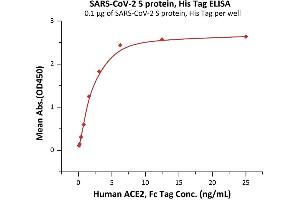 Immobilized SARS-CoV-2 S protein, His Tag (ABIN6973222) at 1 μg/mL (100 μL/well) can bind Human ACE2, Fc Tag (ABIN6952459,ABIN6952465) with a linear range of 0.