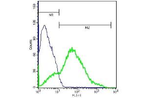 Mouse brain cells probed with Rabbit Anti-DRD3 Polyclonal Antibody (ABIN733808) at 1:50 for 40 minutes followed by incubation with Goat Anti-Rabbit IgG FITC conjugated secondary at 1:100 (green) for 40 minutes compared to control cells (blue) (DRD3 抗体  (AA 352-446))