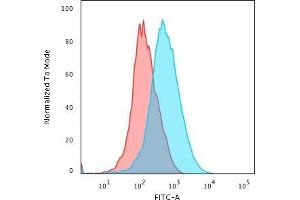 Flow Cytometric Analysis of Jurkat cells using CD1a Monoclonal Antibody (SPM120) followed by goat anti-Mouse IgG-CF488 (Blue); Isotype control (Red). (CD1a 抗体)