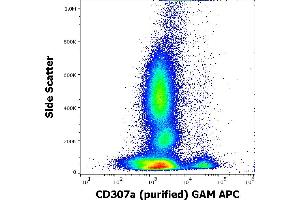 Flow cytometry surface staining pattern of human peripheral whole blood stained using anti-human CD307e (E3) purified antibody (concentration in sample 0,6 μg/mL, GAM APC). (FCRL1 抗体)