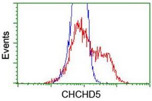 HEK293T cells transfected with either RC202606 overexpress plasmid (Red) or empty vector control plasmid (Blue) were immunostained by anti-CHCHD5 antibody (ABIN2454199), and then analyzed by flow cytometry. (CHCHD5 抗体  (AA 1-110))