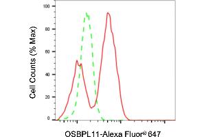 Flow cytometric analysis of OSBPL11 expression in HepG2 cells using OSBPL11 antibody (ABIN7799715), 1:2,000). (OSBPL11 抗体)