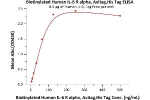Immobilized Human IL-6, Tag Free (ABIN2181322,ABIN3071739) at 5 μg/mL (100 μL/well) can bind Biotinylated Human IL-6 R alpha, Avitag,His Tag (ABIN5526620,ABIN5526621) with a linear range of 4-125 ng/mL (QC tested). (IL6RA Protein (AA 20-365) (His tag,AVI tag,Biotin))