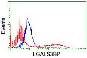 HEK293T cells transfected with either RC204918 overexpress plasmid (Red) or empty vector control plasmid (Blue) were immunostained by anti-LGALS3BP antibody (ABIN2454973), and then analyzed by flow cytometry.