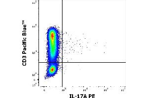 Flow cytometry multicolor surface staining pattern of PHA stimulated and Brefeldin A treated human lymphocytes using anti-human CD3 (UCHT1) Pacific Blue antibody (4 μL reagent / 100 μL of peripheral whole blood) and intracellular staining using anti-human IL-17A (9F9) PE antibody (10 μL reagent / 100 μL of peripheral whole blood). (Interleukin 17a 抗体  (PE))