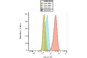 Surface staining of HLA-G (on transfected cells, red and orange) with anti-HLA-G (2A12) FITC, compared with nontransfected cells (blue, green). (HLAG 抗体  (C-Term) (FITC))