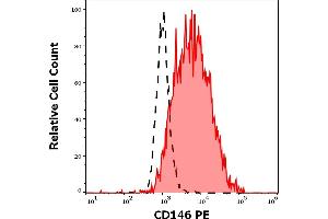 Separation of cells stained using anti-human CD146 (P1H12) PE antibody (10 μL reagent per million cells in 100 μL of cell suspension, red-filled) from cells stained using mouse IgG1 isotype control (MOPC-21) PE antibody (concentration in sample 1,67 μg/mL, same as CD146 PE concentration, black-dashed) in flow cytometry analysis (surface staining) of HUVEC cell suspension. (MCAM 抗体  (PE))