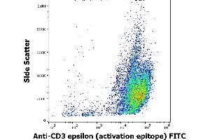 Flow cytometry intracellular staining pattern of Jurkat cell suspension using anti-human CD3 activation epitope (APA1/1) FITC antibody (concentration in sample 5 μg/mL). (CD3 抗体  (FITC))