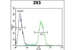 MYC-pS62 Antibody (ABIN388721 and ABIN2838830) flow cytometric analysis of 293 cells (right histogram) compared to a negative control cell (left histogram).