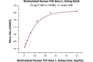 Immobilized Human TGFBR2, Fc Tag (ABIN2181812,ABIN2181811) at 5 μg/mL (100 μL/well) can bind Biotinylated Human  1, Avitag (ABIN6973277) with a linear range of 0.