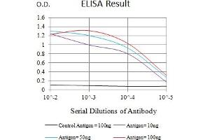 Black line: Control Antigen (100 ng),Purple line: Antigen (10 ng), Blue line: Antigen (50 ng), Red line:Antigen (100 ng) (ITGA5 抗体  (AA 111-253))