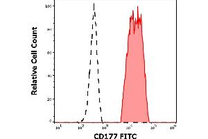 Separation of human CD177 positive neutrophil granulocytes (red-filled) from lymphocytes (black-dashed) in flow cytometry analysis (surface staining) of human peripheral whole blood stained using anti-human CD177 (MEM-166) FITC antibody (20 μL reagent / 100 μL of peripheral whole blood). (CD177 抗体  (FITC))