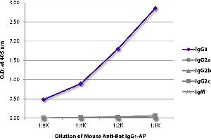 ELISA plate was coated with purified rat IgG1, IgG2a, IgG2b, IgG2c, and IgM. (小鼠 anti-大鼠 IgG1 (Fc Region) Antibody (Alkaline Phosphatase (AP)))