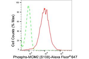 Flow cytometric analysis of phospho-MCM2 (S108) expression in HepG2 cells using phospho-MCM2 (S108) antibody (ABIN7799416), 1:2,000).