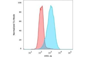Flow Cytometric Analysis of PFA fixed MCF-7 cells using EpCAM Mouse Monoclonal Antibody (EGP40/826) followed by Goat anti-mouse IgG-CF488 (Blue), Isotype Control (Red). (EpCAM 抗体  (N-Term))