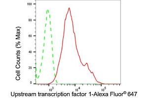 Flow cytometric analysis of Upstream transcription factor 1 expression in HepG2 cells using Upstream transcription factor 1 antibody (ABIN7800772), 1:2,000).