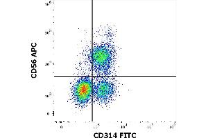 Flow cytometry multicolor surface staining of human lymphocytes stained using anti-human CD314 (1D11) FITC antibody (4 μL reagent / 100 μL of peripheral whole blood) and anti-human CD56 (LT56) APC antibody (10 μL reagent / 100 μL of peripheral whole blood).