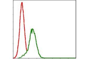 Flow cytometric analysis of Jurkat cells using GSTM1 mouse mAb (green) and negative control (red). (GSTM1 抗体)