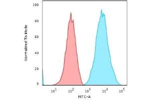 Flow Cytometric Analysis of human Raji cells using HLA-DR Monoclonal Antibody (SPM289) followed by Goat anti-Mouse IgG-CF488 (Blue); Isotype Control (Red). (HLA-DR 抗体)