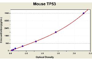 Diagramm of the ELISA kit to detect Mouse TP53with the optical density on the x-axis and the concentration on the y-axis.
