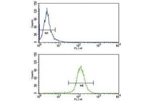ABCG1 antibody flow cytometry analysis of HepG2 cells (bottom histogram) compared to a negative control (top histogram).