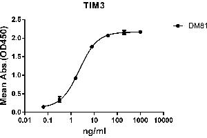 ELISA plate pre-coated by 2 μg/mL (100 μL/well) Human TIM3 protein, mFc-His tagged protein ((ABIN6961103, ABIN7042235 and ABIN7042236)) can bind Rabbit anti-TIM3 monoclonal antibody(clone: DM81) in a linear range of 0. (TIM3 抗体  (AA 22-202))