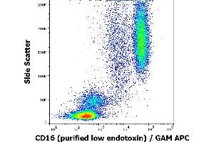 Flow cytometry surface staining pattern of human peripheral blood stained using anti-human CD16 (MEM-154) purified antibody (low endotoxin, concentration in sample 2 μg/mL) GAM APC.