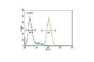 GLA Antibody (N-term) (ABIN390687 and ABIN2840977) flow cytometric analysis of HepG2 cells (right histogram) compared to a negative control cell (left histogram).