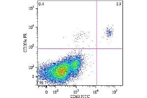 Flow cytometry analysis of peripheral blood lymphocytes from a patient with allergy to bee venom after stimulation with bee venom, stained with anti-human CD63 FITC. (CD63 抗体  (FITC))