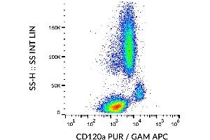 Flow cytometry analysis (surface staining) of CD120a in human peripheral blood with anti-human CD120a (H398) purified, GAM-APC.