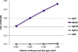 ELISA plate was coated with purified rat IgG1, IgG2a, IgG2b, IgG2c, and IgM. (小鼠 anti-大鼠 IgG2a Antibody (Biotin))