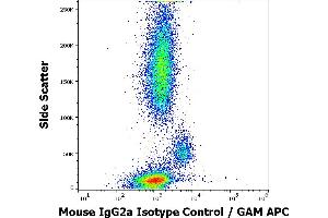 Flow cytometry surface nonspecific staining pattern of human peripheral whole blood stained using mouse IgG2a Isotype control (PPV-04) purified antibody (concentration in sample 10 μg/mL, GAM APC).