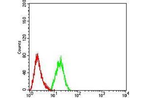 Flow cytometric analysis of Hela cells using DNMT3L mouse mAb (green) and negative control (red). (DNMT3L 抗体  (AA 147-386))