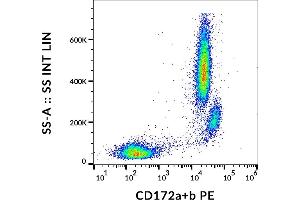Flow cytometry analysis (surface staining) of human peripheral blood cells with anti-human CD172a/b (SE5A5) PE. (CD172a/b 抗体 (PE))